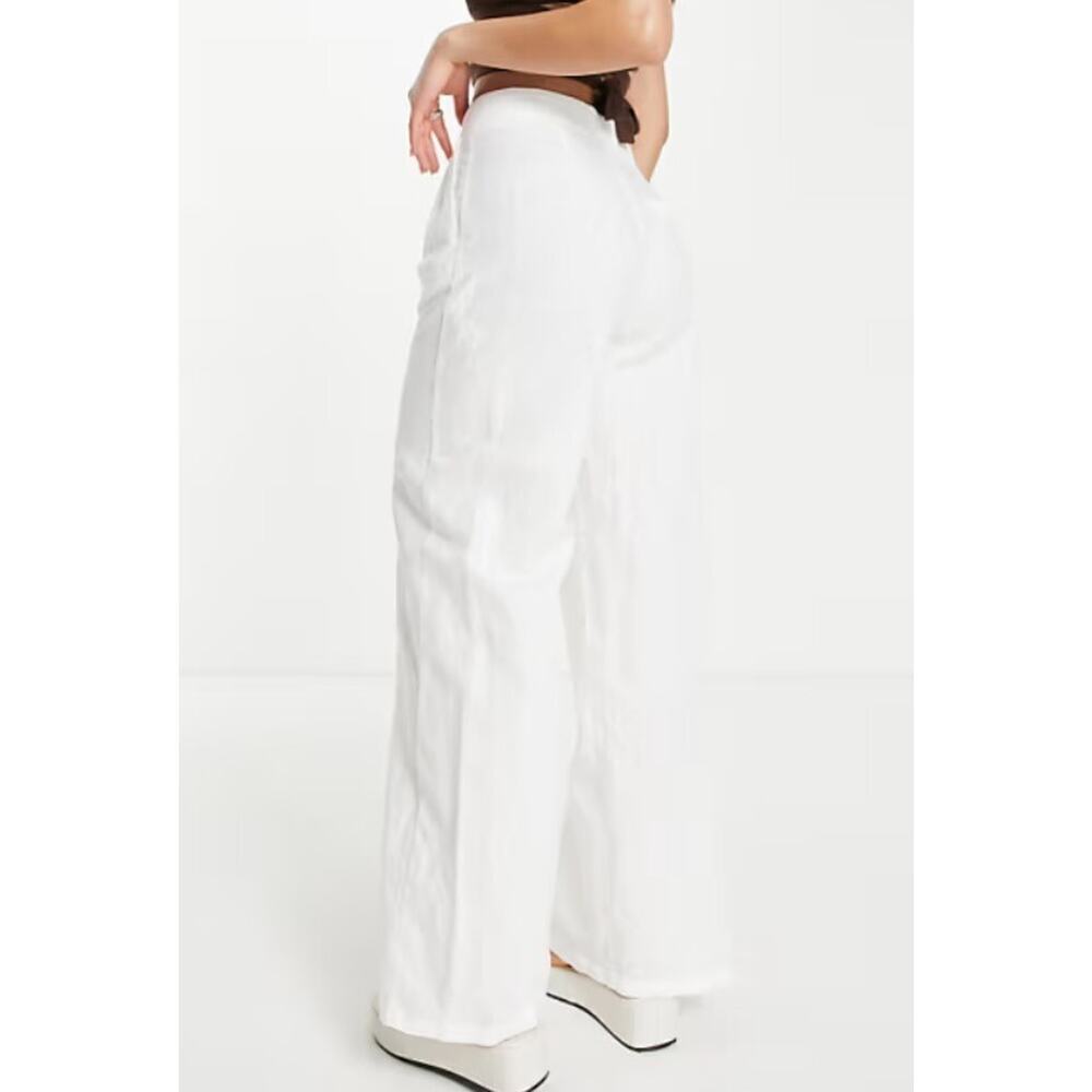 Olsen sz 8 Linen Pants White Wide Leg High Rise Carpenter Pockets Resort Beach